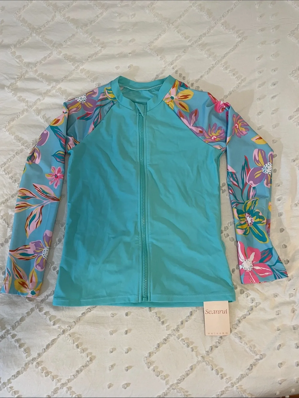 Kids' Turquoise Floral Rashguard  Zip Front Rash Guard for Girls Long Sleeve nwt